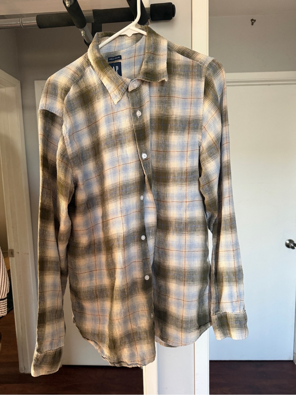 GAP Olive, Cream & Light Blue Plaid Button-Down Shirt